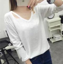 【XL】カットソー Tシャツ ロンTトップス 長袖 無地 Vネック レディース
