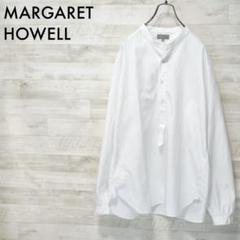 MHL. 麻混 ワイド ノーカラーシャツ マーガレットハウエル 白 バンドカラー マーガレットハウエル バンドカラー リネンシャツ 麻 7分袖 白