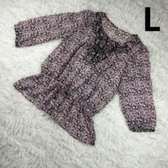 花柄フリル七分袖ブラウス シフォン パープル✕ブラック L レディース