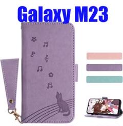 Galaxy M23 5G 手帳型　ケース　かわいい　猫　音符　マグネット　財布