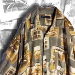 90s ビンテージ レーヨン100％ ビッグシルエット アロハシャツ XL 軍緑