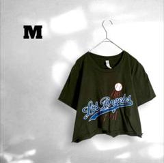 Tシャツ 半袖 ゆるだぼ ショート丈 野球 ベースボール カーキ M