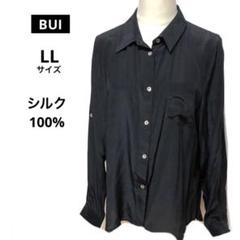 BUI バンドカラーシルクシャツ　長袖　LLサイズ　シンプル　黒　控えめ光沢