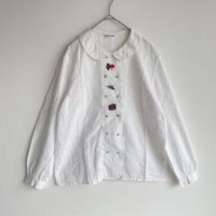 クイーンズコート 刺繍 ダブルボタン 丸襟 シャツ ブラウス M 長袖フェミニン