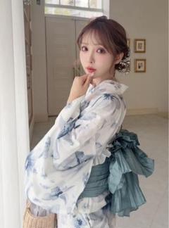 水彩花柄浴衣セット② 3点セット　2way ワンピース　兵児帯　ブルー　大人花柄 水彩花柄浴衣セット ② 3点セット 2way ワンピース 兵児帯