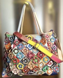 エスタシオン トートバッグ 本革 花モチーフ ビジュー パッチワーク A4可