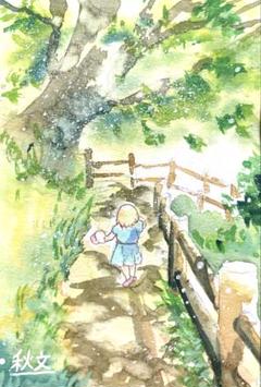 手描きの水彩画　夏の林道を歩く少女　ポストカードサイズ　フレーム付き