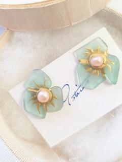 シーグラス＆淡水パールピアス/未使用