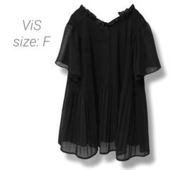 【ビス】ViSプリーツシフォンブラウス フレア フリルネック ブラック 半袖 F