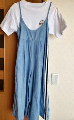 デニムのサロペットとDickiesのTシャツ