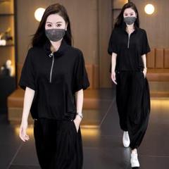カジュアル オシャレ 着痩せ 無地 Tシャツ テーパードパンツ 2点 セット