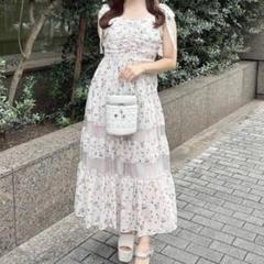 エブリン バストギャザーリボンキャミOP ピンク 花柄シフォンロングワンピース エブリン バストギャザーリボンキャミOP ピンク 花柄シフォン