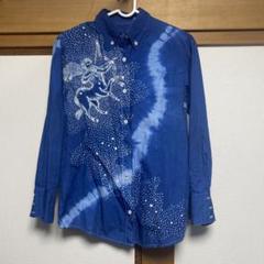 青い星空デザインのボタンシャツ　M ハンドメイド？