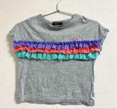 フリル付きグレーTシャツ フラミンゴ刺繍
