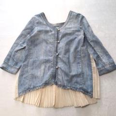 デニムシャツ　プリーツ　異素材　パールボタン　プリーツ　Size02　Ｍ相当