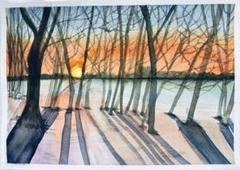 夕日と木々のシルエット 水彩画　原画