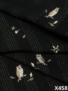 小紋 梟 刺繍 銀通し 飛び柄 正絹 黒地 ガード加工済 X458