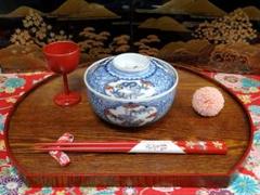 九谷大聖寺伊万里染錦唐草に松竹梅の図大振蓋茶碗C435AS-BXe