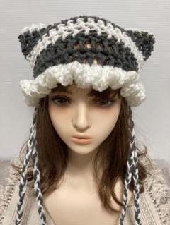 猫耳ボーダーフリルニット帽ハンドメイド