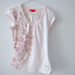 PUMA レディース Vネック Tシャツ L 薄ピンク 花柄