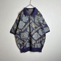 サマーニット半袖セーター　リネン混　麻　総柄　希少デザイン　パープル　紫　M
