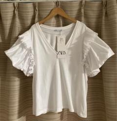 新品　ZARA ザラ　袖バルーン＆プリーツフリルカットソー　白　Mのサムネイル