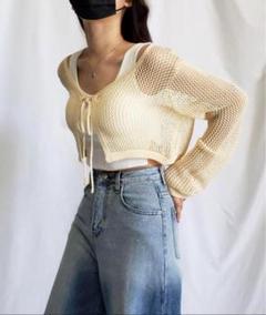 ミームセレクト　華奢リボンメッシュワイドショートカーディガン