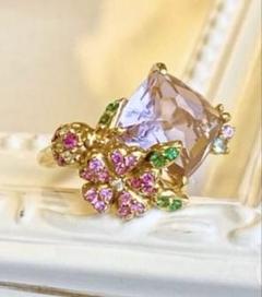 【美品】K18 幸せを呼ぶてんとうむしとお花のリング　カラーストーンリング　９号 美品】K18 幸せを呼ぶてんとうむしとお花のリングカラーストーン