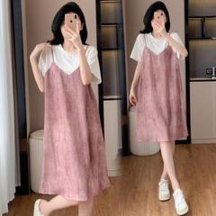 半袖 Tシャツワンピース ゆったり 切り替え フェイクインナー 着痩せ効果