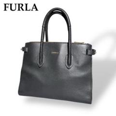 美品 FURLA フルラ ハンドバッグ ロゴ金具 三層 レザー 黒 BLACK