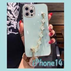 iPhone 14 花 チェーン スマホケース グリーン 大人可愛い