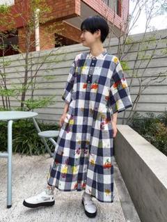 SUPERHAKKA 綿麻先染めブロックチェックフラワーロンドプリントワンピース m80380175817_1.jpg?1724769558