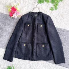 美品　PLST ノーカラージャケット　ツイード　フリル　金ボタン　紺　Sサイズ 美品PLST ノーカラージャケットツイードフリル金ボタン紺Sサイズ