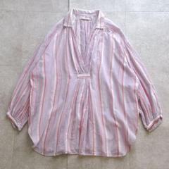 極美品ꕥヌキテパ コットンボイルストライプギャザーブラウス ゆったり ピンク 極美品ꕥヌキテパ コットンボイルストライプギャザーブラウス