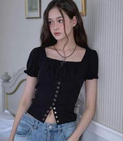 ◆Rose Frantz◆ Puff Shirring Ribbon Tshirt Cream Rose Frantz Puff Shirring Ribbon T-shirt [Gray] | KAZUE