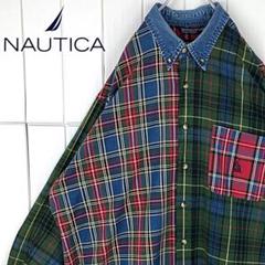 ノーティカ アシメ 刺繍ワンポイント クレイジーカラー チェック 長袖BDシャツ