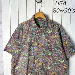 USA古着 80s～90s カラフル熱帯魚総柄コットンシャツ L～XL オールド