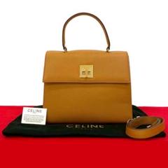 セリーヌCELINE茶系レザーロゴボタンハンドバッグトートバッグ