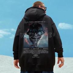 オーバーサイズ 宇宙人 バックプリントおしゃれ ストリート パーカー XL 黒