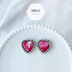 ハート♡シルバー(レッドマーブル)ビーズ刺繍ピアス/イヤリング