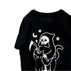 死神　ドクロ 猫　HOT TOPIK Tシャツ　黒 ブラック