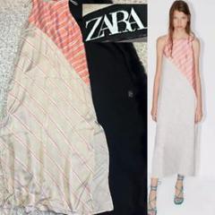 【ZARA】サテン 切り替えストライプ ロング ドレス ワンピース 軽量