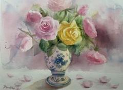 ガラスの花瓶　水彩画　原画 ガラスの花瓶にピンクの花の水彩画作品— ストック