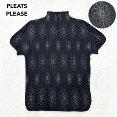 美品 PLEATS PLEASE 花柄 刺繍 ハイネック カットソー 黒 3