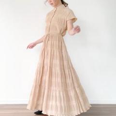 JUNOAH ジュノア スタンドカラー シャーリング　ティアードワンピース