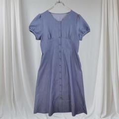 【美品】N+ デニム風フレアワンピース 半袖 パフスリーブ 前ボタン Lサイズ