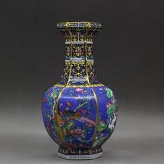 清乾隆琺瑯彩花鳥六方藍色賞瓶 景徳鎮 陶磁器 装飾品 現代工芸品