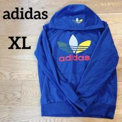 adidasレディース【XL】青 フード付きパーカー　フーディ　アディダス　ロゴ