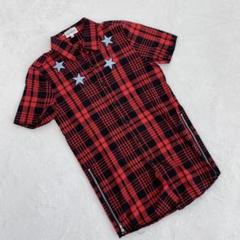 MANIERA チェックシャツ 赤黒 星刺繍 半袖 前開き ジップディテール 1