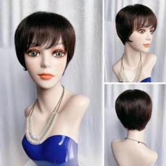 人毛100%フルウィッグ 医療用 ブラック 黒髪 ショートヘア ストレート